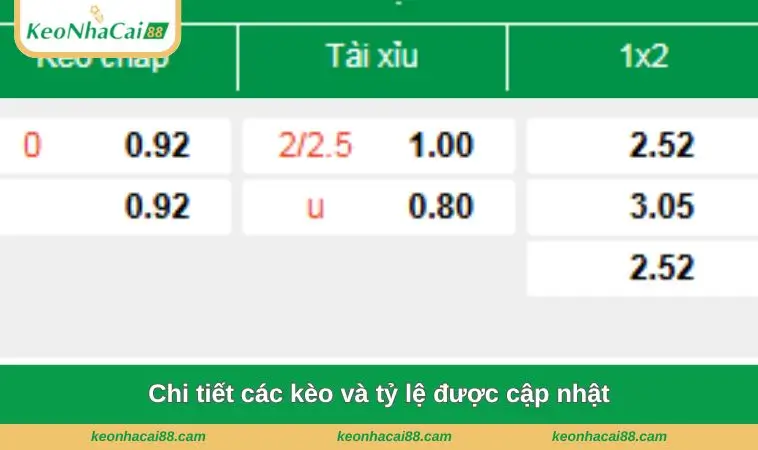 Chi tiết các kèo và tỷ lệ được cập nhật